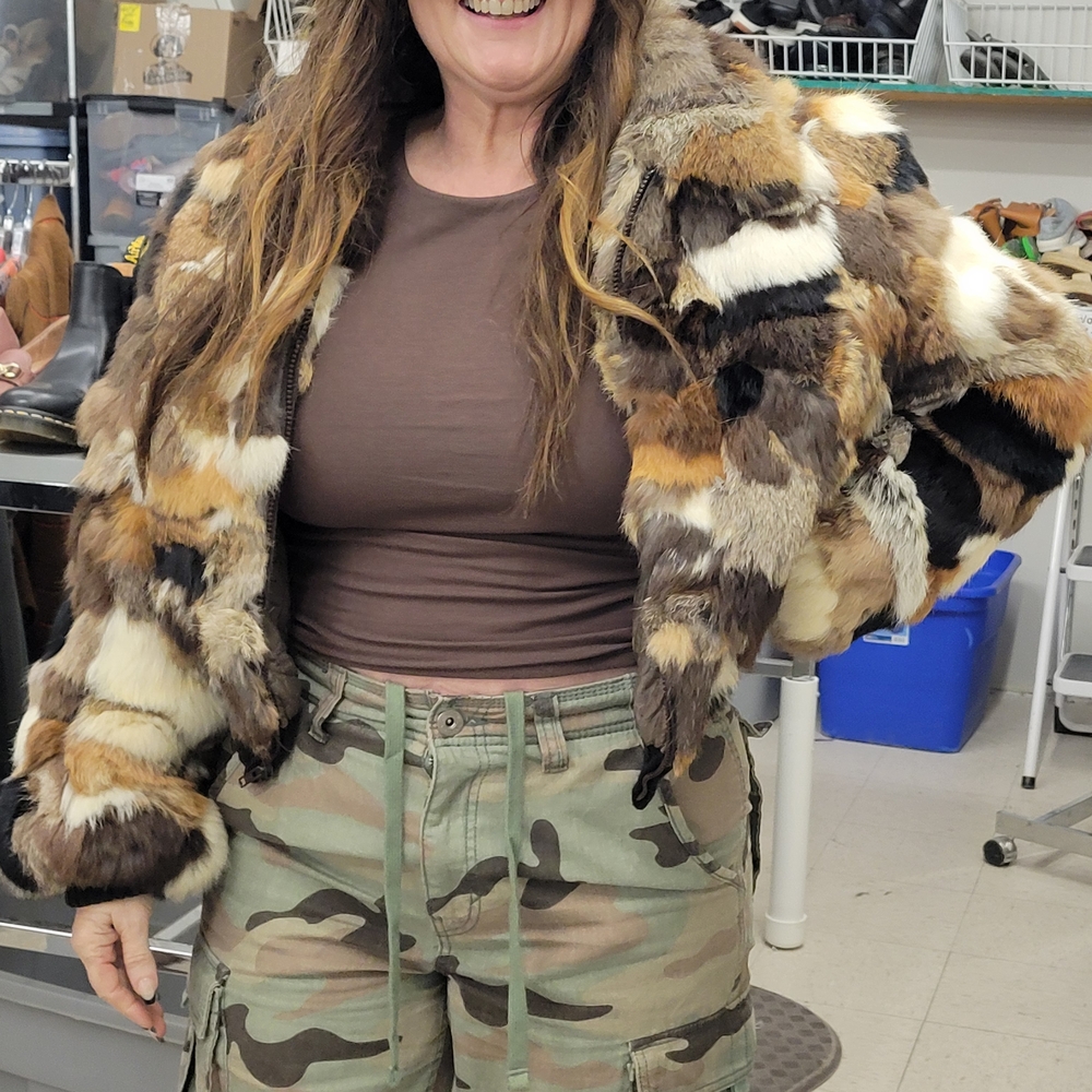 Source Unknown Patchwork Faux Fur Teddy Jacket in Brown, Cream & Black